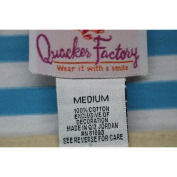 Quaker Factory Striped Short Sleeve Blouse-Embroidered-Rhinestones-Medium - Picture 7 of 11